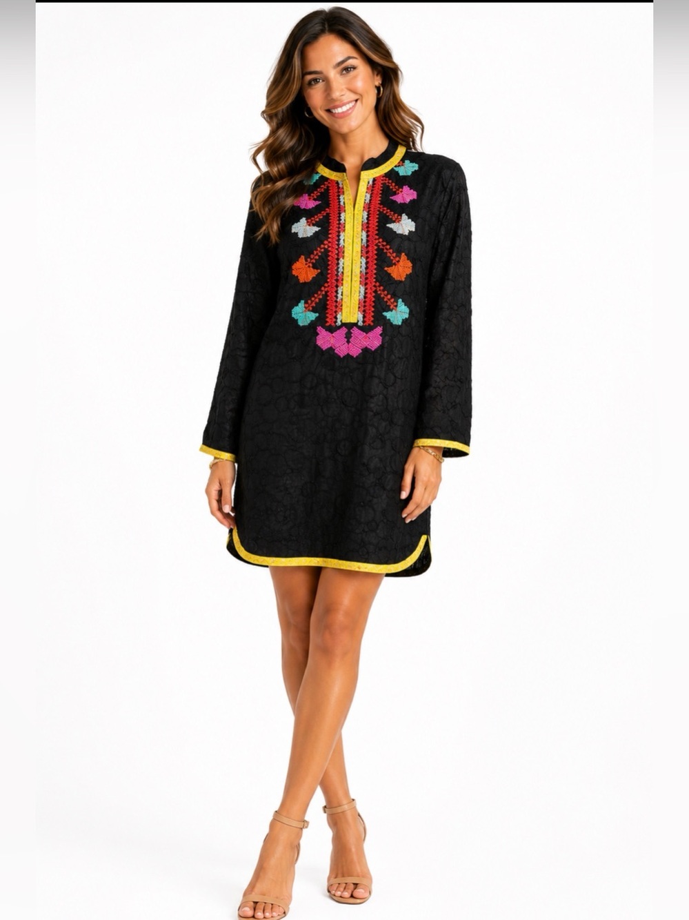 Artizara Afnan Tunic Dress XS Black Embroidered Modest Boho Long Sleeve